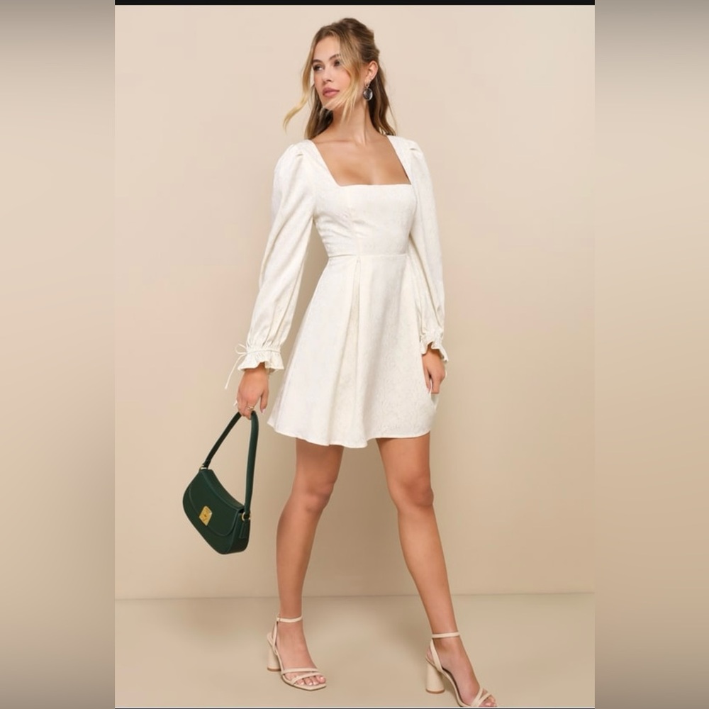 Lulus Cream Floral Long Sleeve Mini Dress